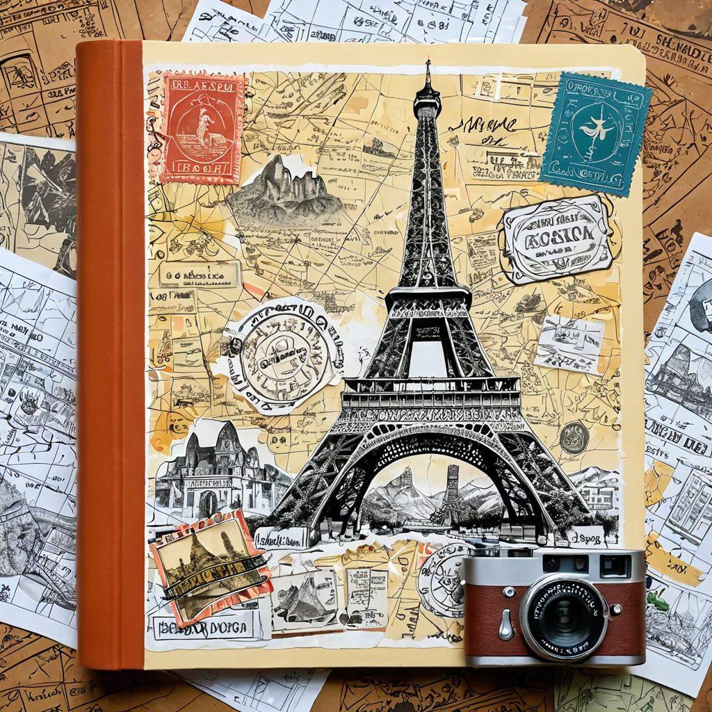 A vibrant travel journal open to a page filled with sketches of famous cultural landmarks like the Eiffel Tower and Machu Picchu, surrounded by notes and photographs. Incorporate a textured map in the background with travel stamps and a camera capturing the moment. Warm, inviting colors accentuate the sense of adventure. Artistic brushwork for a whimsical, inviting feel.