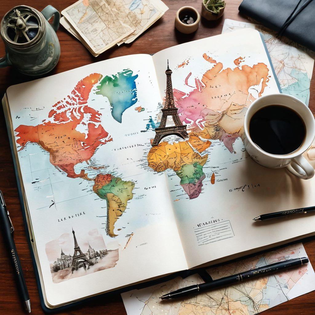 A beautifully designed travelogue spread featuring a vintage world map with colorful pins marking various destinations, open beside a steaming cup of coffee and a travel journal filled with sketches and notes. In the background, glimpses of iconic landmarks from around the world, like the Eiffel Tower and the Great Wall of China. Warm lighting creates an inviting atmosphere, inspiring wanderlust. watercolor style. vibrant colors. soft focus.