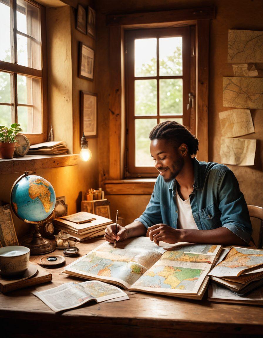 A captivating scene of a globetrotter sitting at a rustic wooden table, surrounded by maps, travel souvenirs, and an open journal filled with sketches and stories. Sunlight filters through a nearby window, illuminating the joyful expressions on their face as they pen down their adventures. In the background, a wall adorned with photographs of diverse landscapes and cultures creates a vibrant atmosphere. The overall mood is inspiring and nostalgic. super-realistic. vibrant colors. warm lighting.